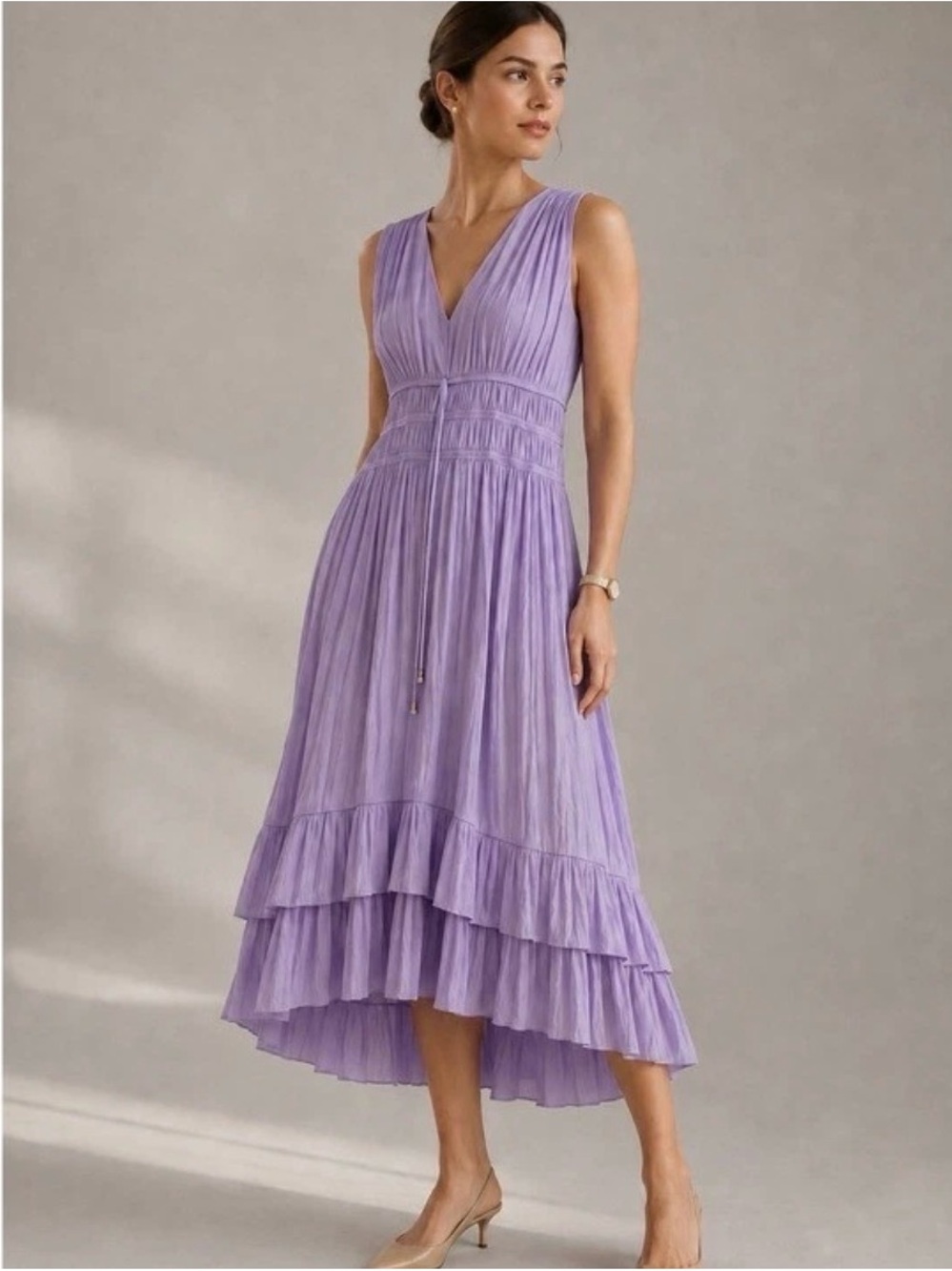 White House Black Market Lavender Sleeveless V-Neck Tiered Midi Dress Medium